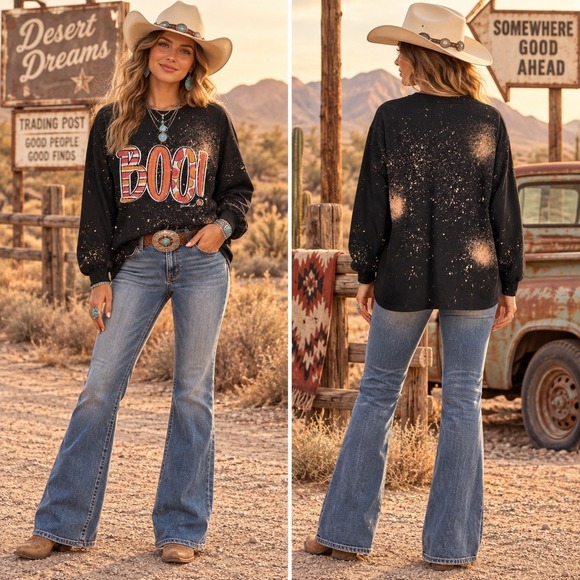 Bohemian Cowgirl Tops - Bohemian Cowgirl Women's Halloween "BOO" Black Splatter Long Sleeve Tee Large